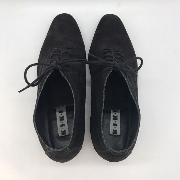 KIKIT Mat Black Leather Booties Women's 8 Lace Up Ankle Boots ZigZag Design Shoe - Picture 6 of 10